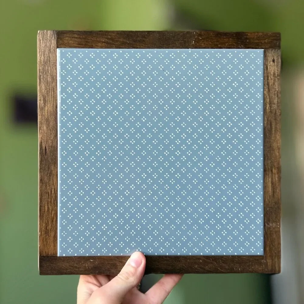 VTG Blue Farmhouse Style Cottagecore Large Wood Framed Ceramic Trivet